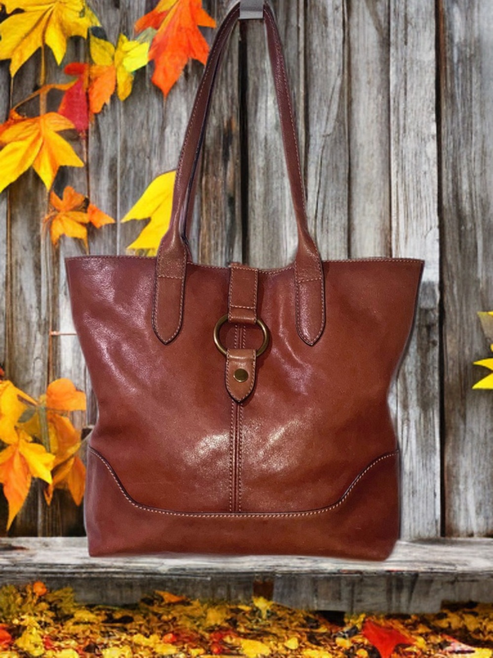 FRYE Leather Ring Tote Bag Women Large Shoulder Purse Cognac Brown Everyday